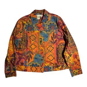 Vtg Y2K Coldwater Creek Orange Blue Tribal Floral Print Embroidered jacket P M